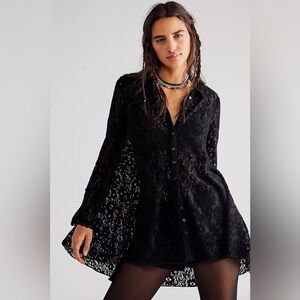 NWT! Free People Heather Tunic Top Black Lace Bohemian Victorian Fairy XS